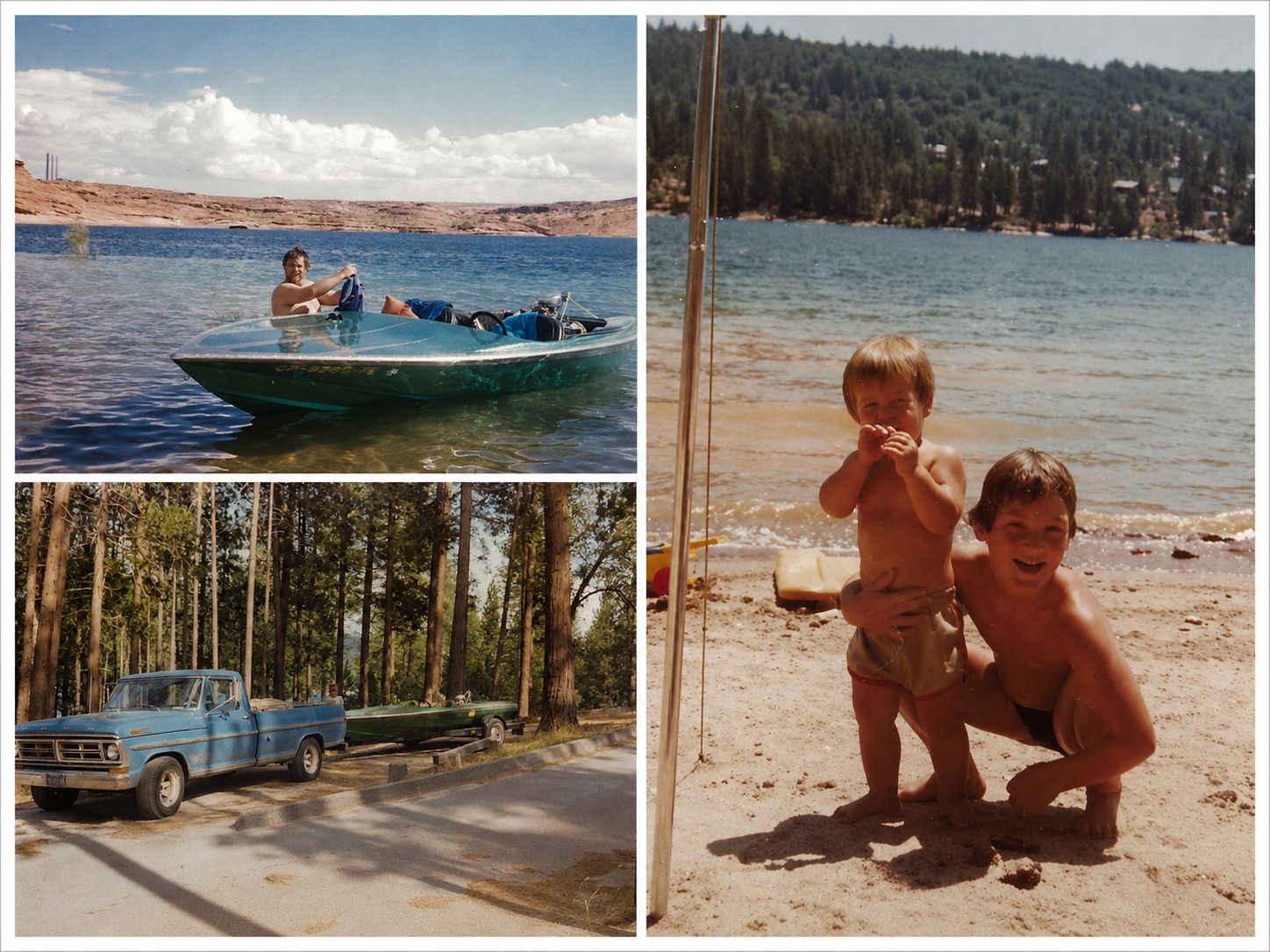 Steve Roberts with the Hornet, the family truck towing the boat, and Sean and Scott at Bass Lake.