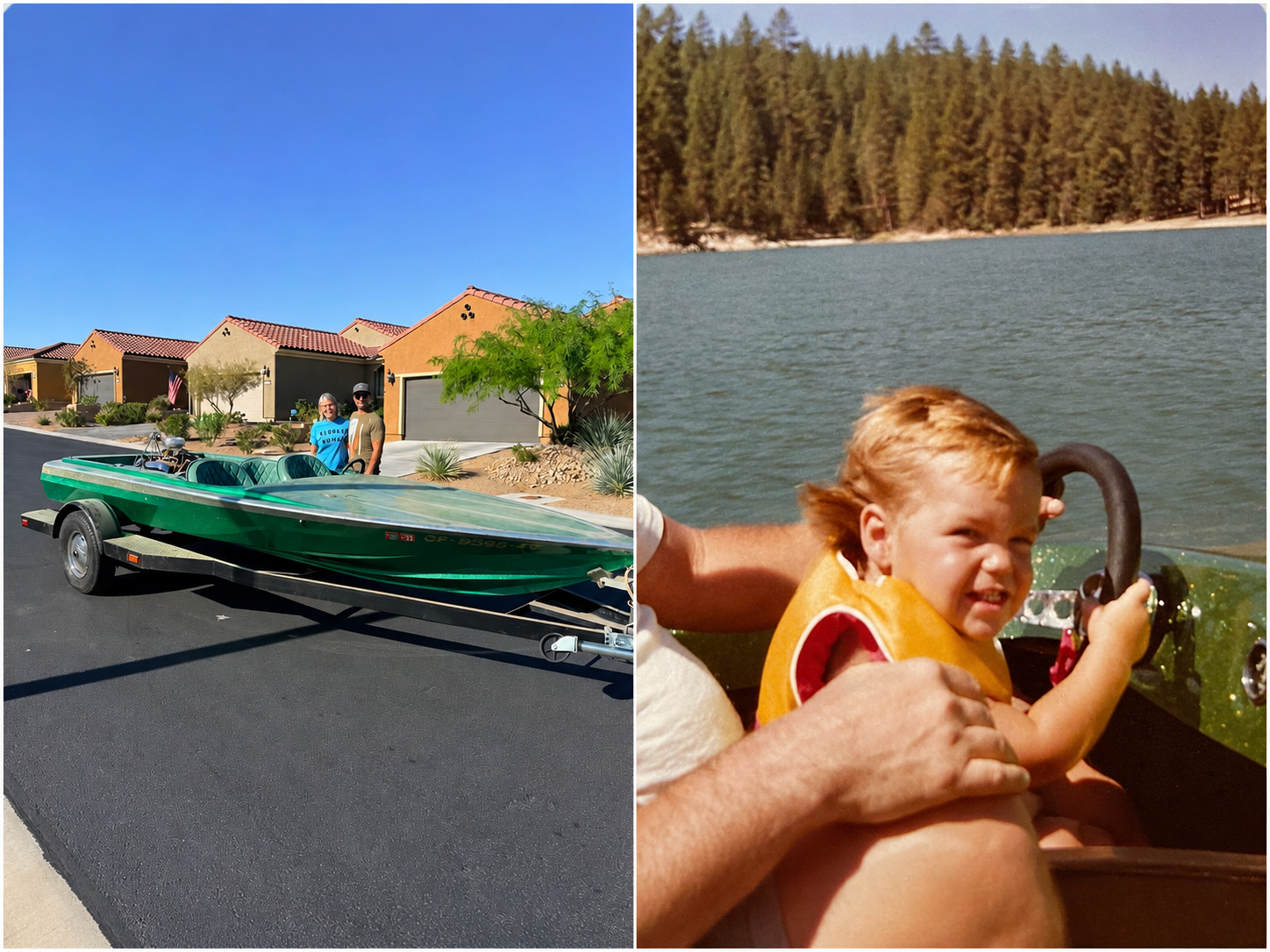 Scott Roberts as a young child driving the boat paired with the Hornet on the street and trailer.